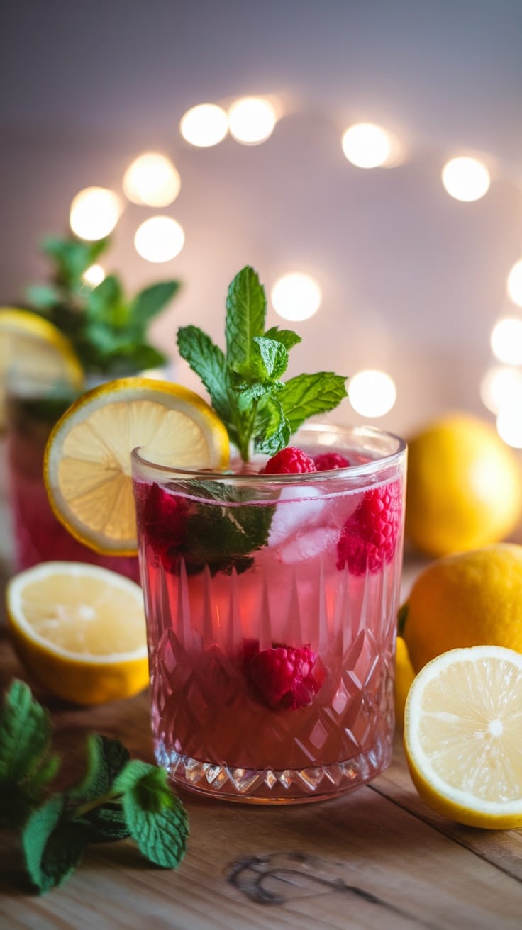 Refreshing Romantic Raspberry Lemonade Mocktail Refreshing raspberry lemonade mocktail in a glass with mint and lemon, on a wooden table.