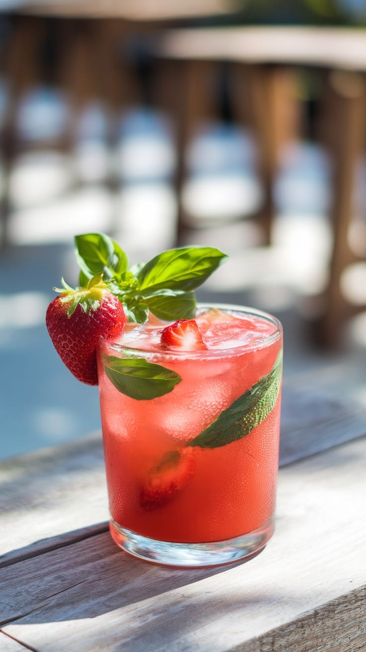 Refreshing Strawberry Basil Bliss Mocktail Recipe A refreshing strawberry basil mocktail in a glass with ice, garnished with a basil sprig and strawberry slice on a sunny patio.