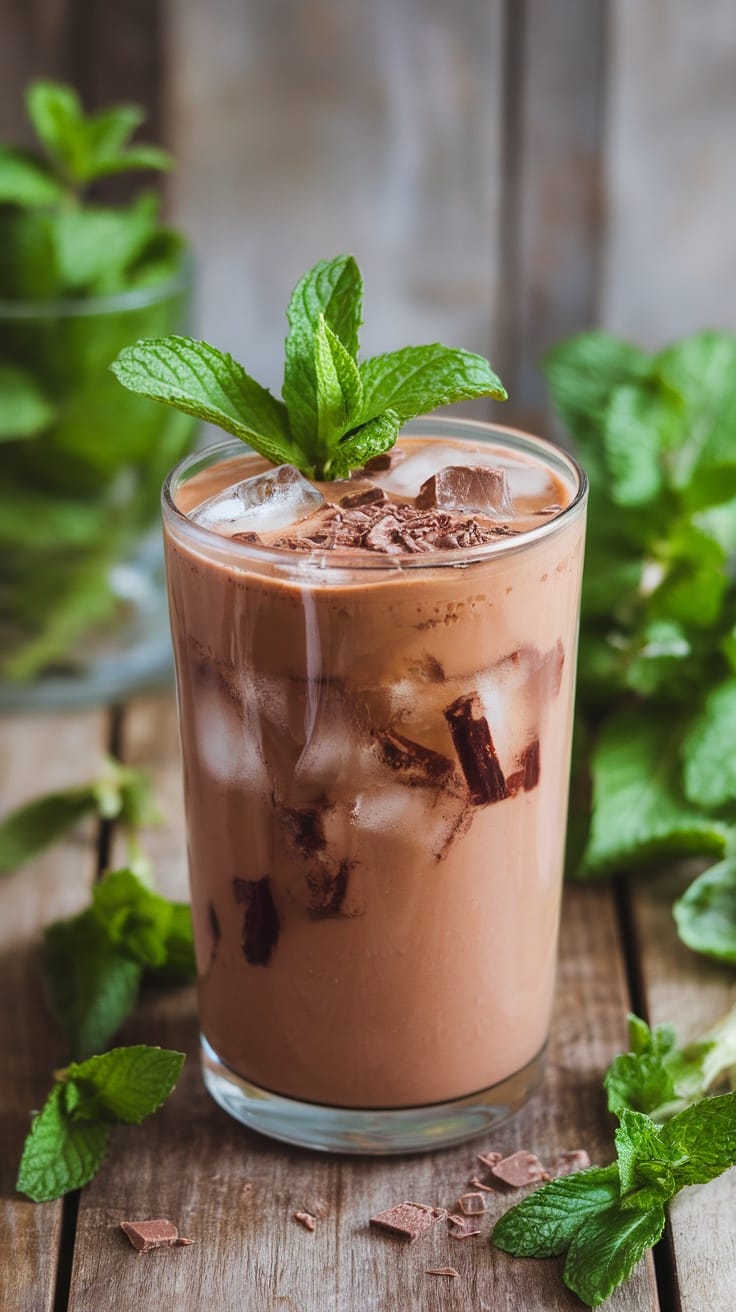 Refreshing Chocolate Mint Dream Mocktail Recipe A tall glass of Chocolate Mint Dream mocktail with mint leaves and chocolate shavings on a wooden table.