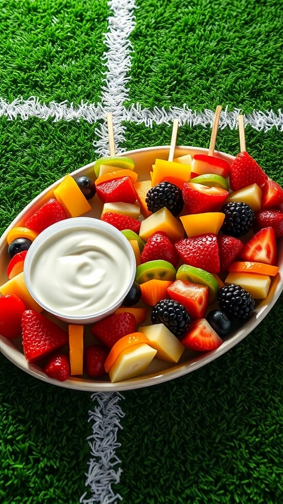 A plate of fruit skewers featuring strawberries, melons, and blackberries, served with a yogurt dip.