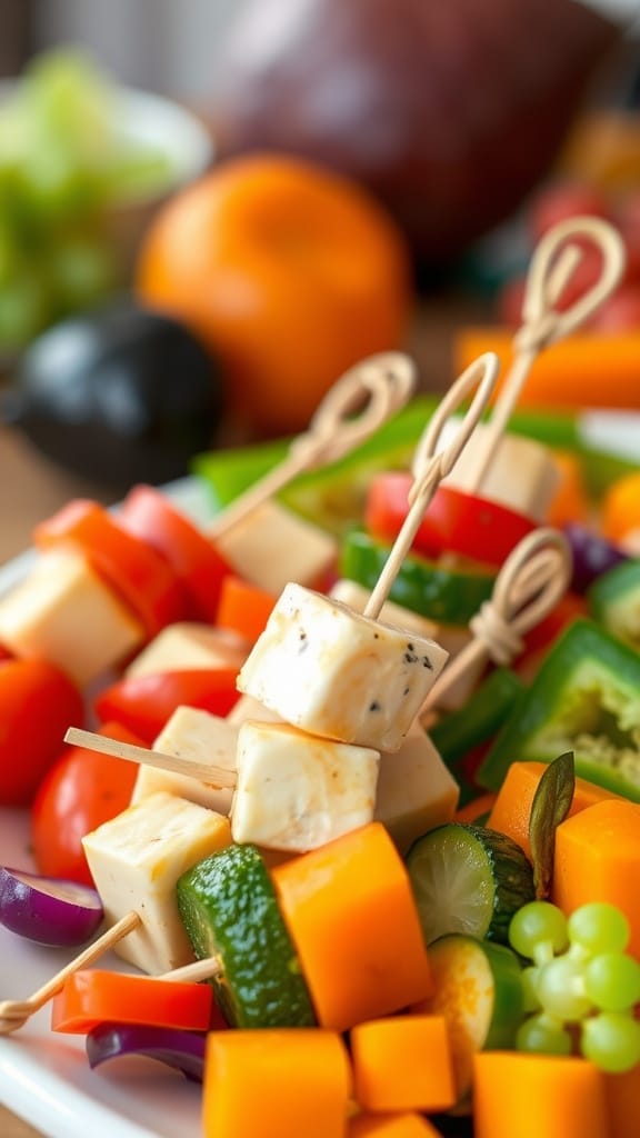 Colorful mini veggie and cheese skewers on a platter.