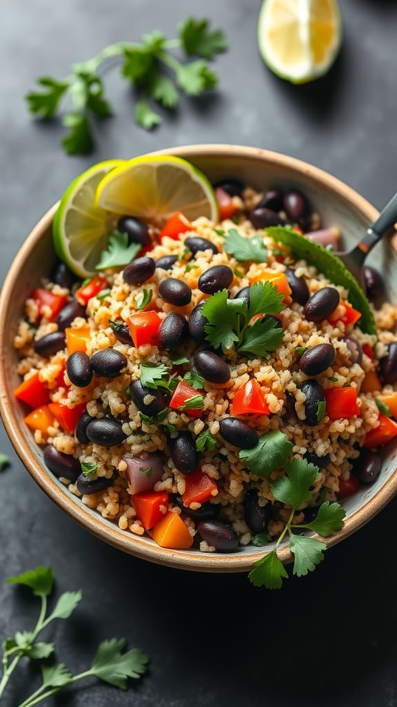 A bowl of quinoa and black bean salad with colorful peppers and lime slices.