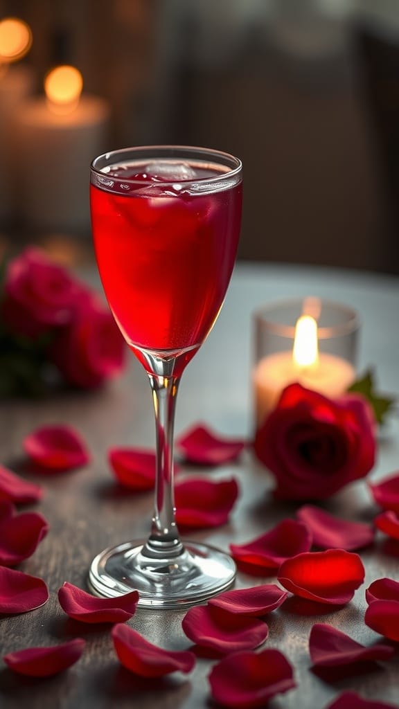 A refreshing cranberry rose sparkler mocktail surrounded by rose petals and a candle.