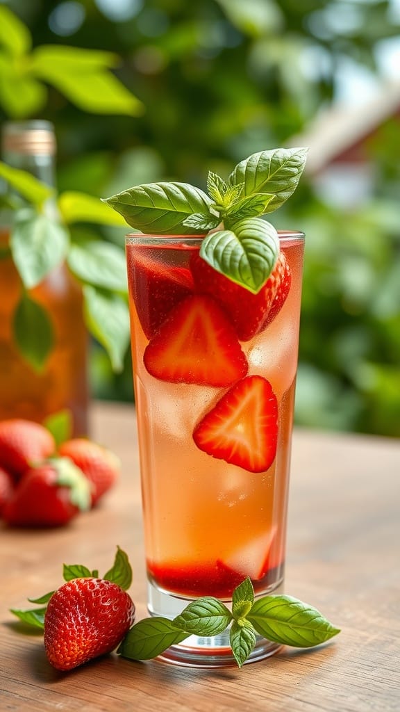 A refreshing strawberry basil mocktail garnished with basil leaves and fresh strawberries.