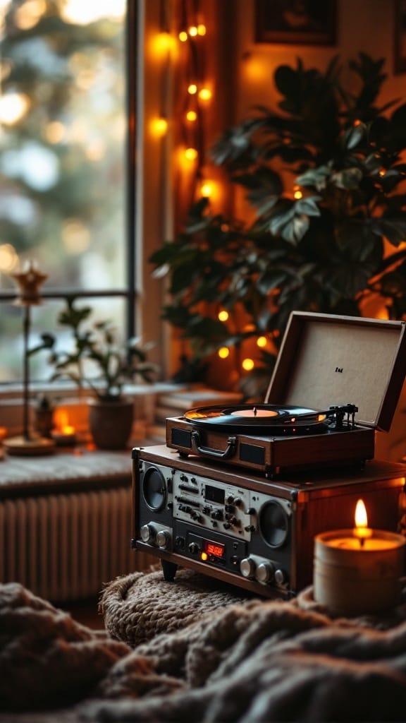 A cozy room with a record player, soft lighting, and musical instruments, perfect for a calming morning.