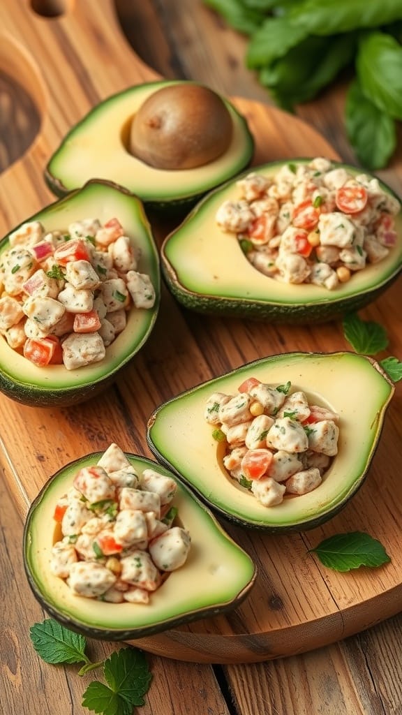 Stuffed avocados filled with tuna salad on a wooden cutting board.