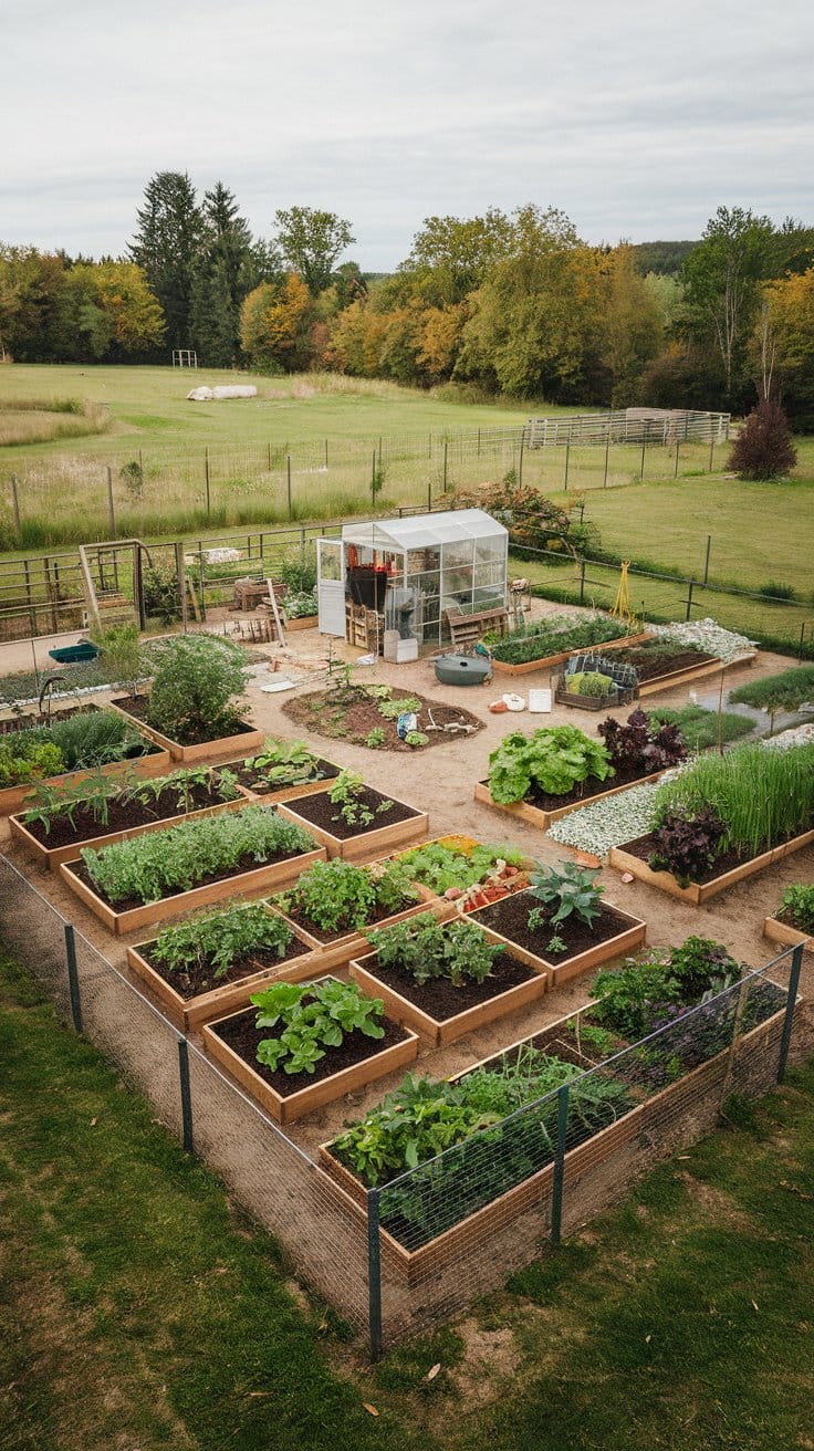 view of a meticulously organized garden. The garden is enclosed by a fence and consists of multiple raised beds filled with various plants. There's a small structure, possibly a shed or a greenhouse, situated in the center. a few tools are scattered around. The garden is surrounded by a grassy field, and there are trees in the background.