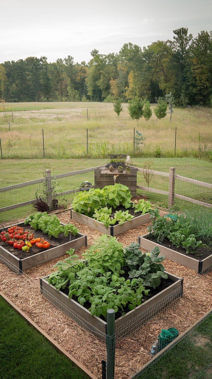 view of a meticulously organized tiny garden. The garden is enclosed by a fence and consists of 4 raised beds filled with various plants. The garden is surrounded by a grassy field, and there are trees in the background.