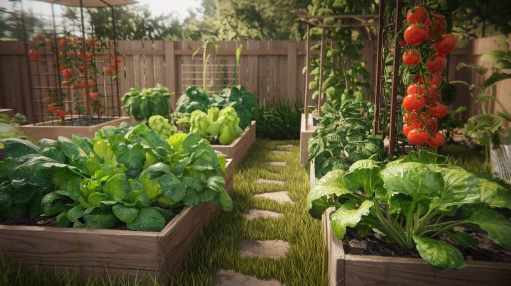 Sunlit backyard vegetable garden with raised wooden beds, lush green vegetables, climbing tomatoes on trellises, and a rustic garden path. Morning light, dewy plants, warm and inviting atmosphere, photorealistic style.