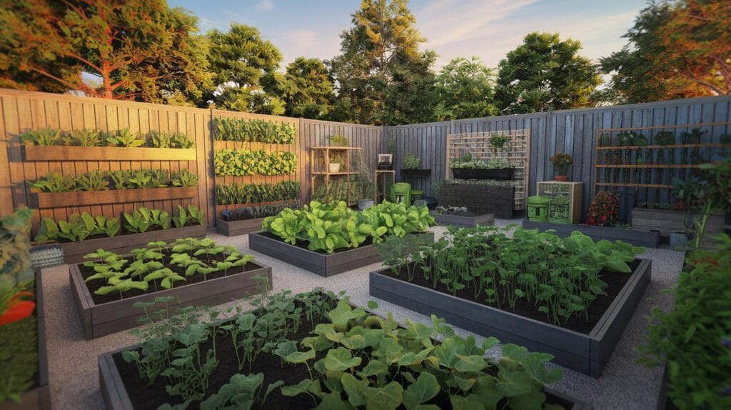 vegetable garden space with vertical growing systems, raised beds, and container gardens
