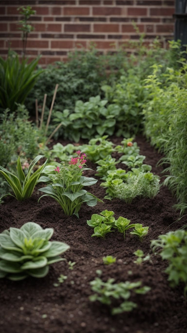 A cozy, small garden plot with a few budding plants. A few flowers and a few vegetables 