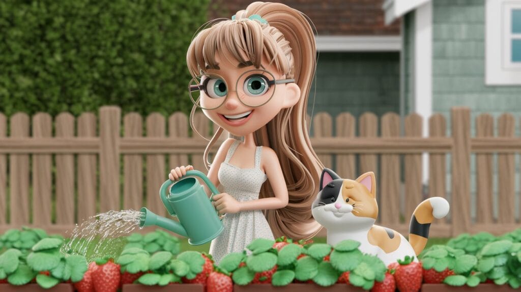 A 3D render of a happy woman with glasses, long light brown hair with bangs, and a ponytail. She is wearing an apron and is cleaning a kitchen. Next to her, there is a friendly calico cat.