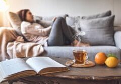 A scene of a cozy living room setting where someone is curled up on a modern couch with a soft blanket.