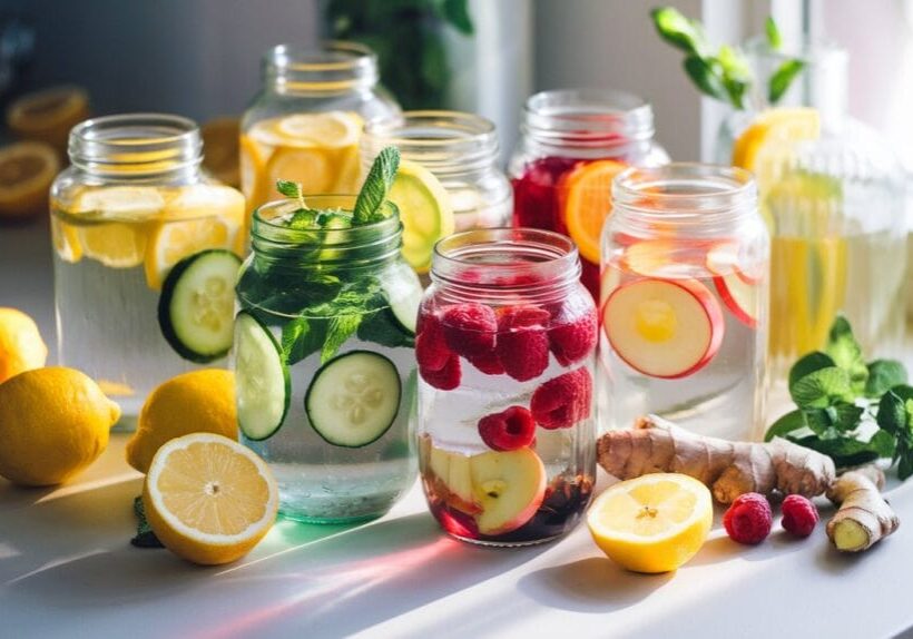 Imagine a sunlit kitchen countertop filled with glass jars of colorful, infused water.