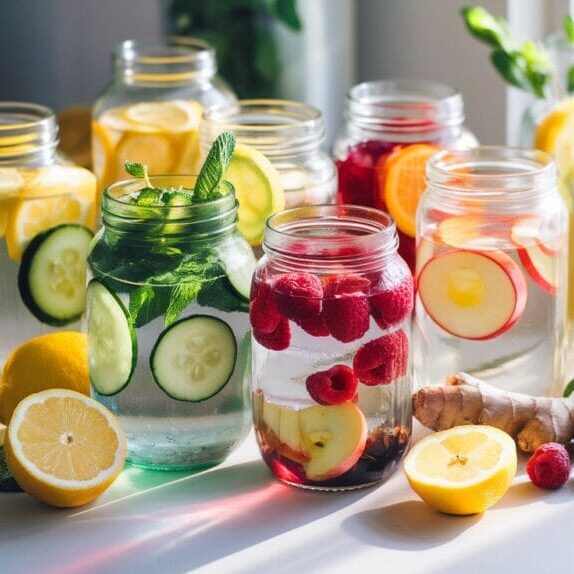 Imagine a sunlit kitchen countertop filled with glass jars of colorful, infused water.