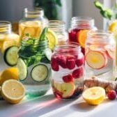 Imagine a sunlit kitchen countertop filled with glass jars of colorful, infused water.