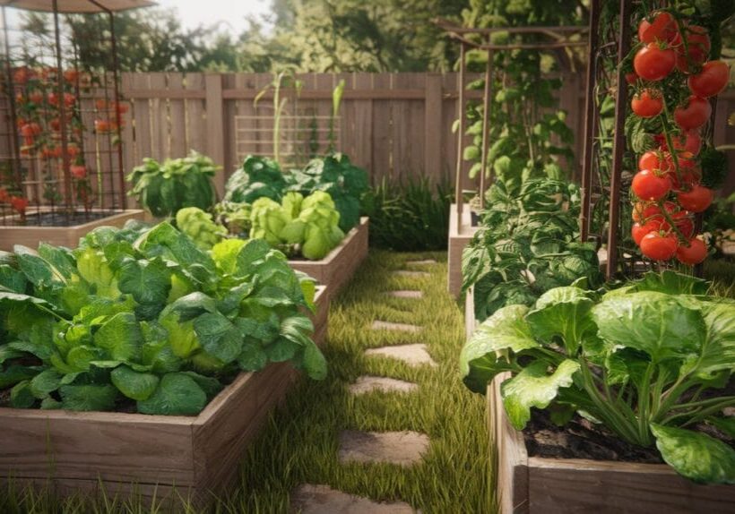 Sunlit backyard vegetable garden with raised wooden beds, lush green vegetables, climbing tomatoes on trellises, and a rustic garden path. Morning light, dewy plants, warm and inviting atmosphere, photorealistic style.