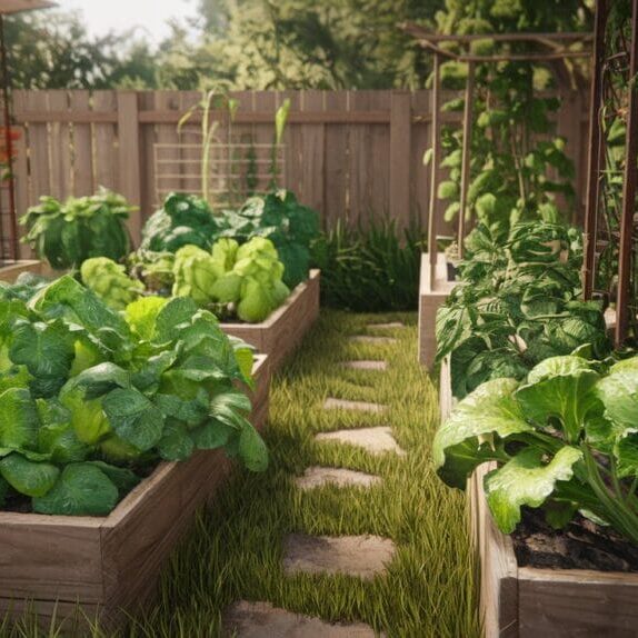 Sunlit backyard vegetable garden with raised wooden beds, lush green vegetables, climbing tomatoes on trellises, and a rustic garden path. Morning light, dewy plants, warm and inviting atmosphere, photorealistic style.