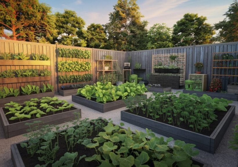 vegetable garden space with vertical growing systems, raised beds, and container gardens