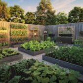vegetable garden space with vertical growing systems, raised beds, and container gardens